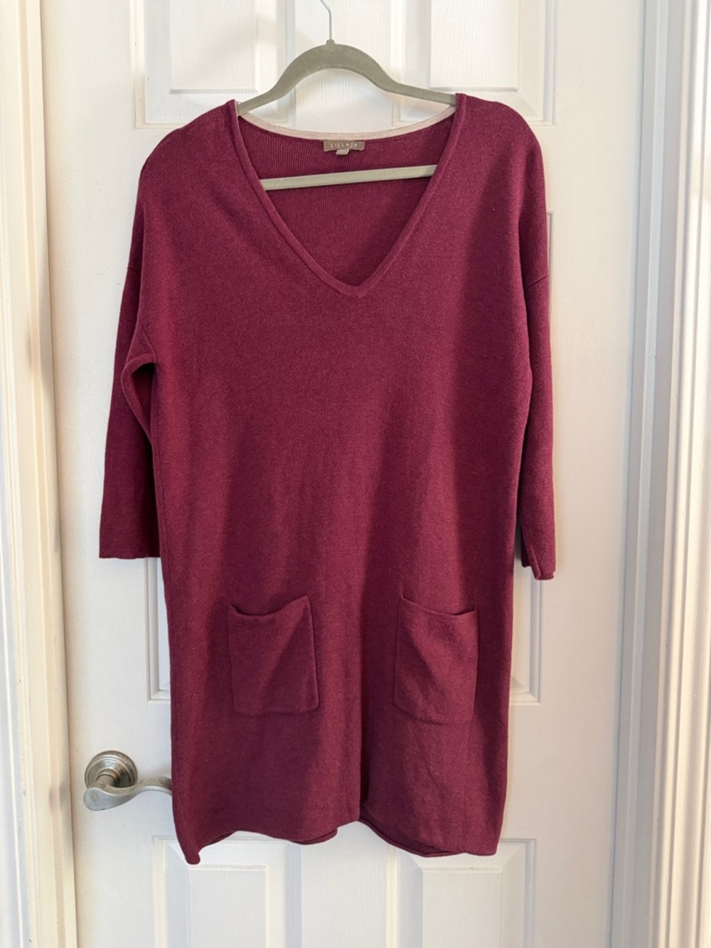 Lilla P Wine Ribbed Knit Top with Contrast Trim w pockets tunic large cotton